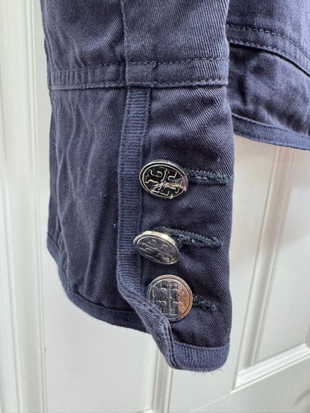 Tory Burch Dark Navy Utility Jacket with Silver Logo Buttons